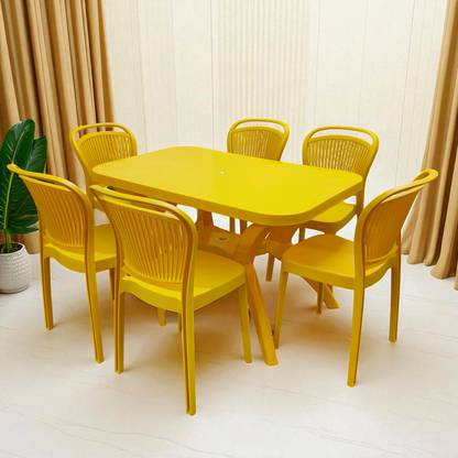 TrendyLivings Strong and Durable 6 Seater Dining Table Set for Home Garden Cafeteria Plastic 6 Seater Dining Set  (Finish Color -Yellow, Pre-assembled)