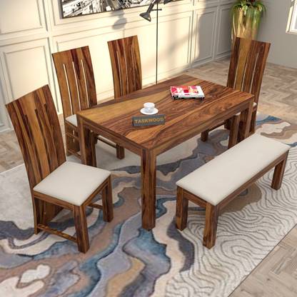 Taskwood Furniture Solid Sheesham Wood Six Seater Dining Set With Bench For Dining Room, Restaurant Solid Wood 6 Seater Dining Set
