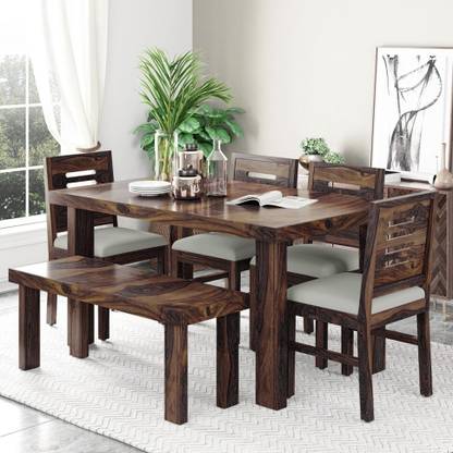 mp enterprises Solid Sheesham Wood 6 Seater Dining Set With Bench For Dining Room | Solid Wood 6 Seater Dining Set