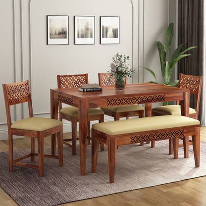 Mooncraft Furniture Wooden Dining Table with 4 Chairs & 1 Bench Solid Wood 6 Seater Dining Set