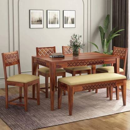 DITHA Solid Sheesham Wood Six Seater Dining Table Set With Bench For Dining Room. Solid Wood 6 Seater Dining Set