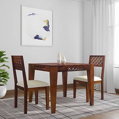 LOONART Solid Sheesham Wood Two Seater Dining Set CNC Design For Dining Room, Café. Solid Wood 2 Seater Dining Set