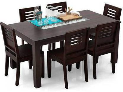 Mywood Solid Wood 6 Seater Dining Table With Set Of Chairs In Mahogany Solid Wood 6 Seater Dining Set