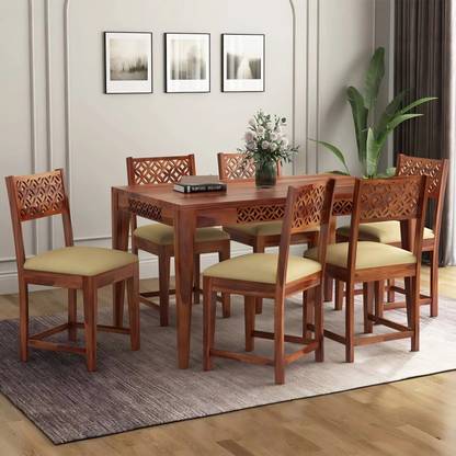 DITHA Solid Sheesham Wood Six Seater Dining Table Set For Dining Room. Solid Wood 6 Seater Dining Set