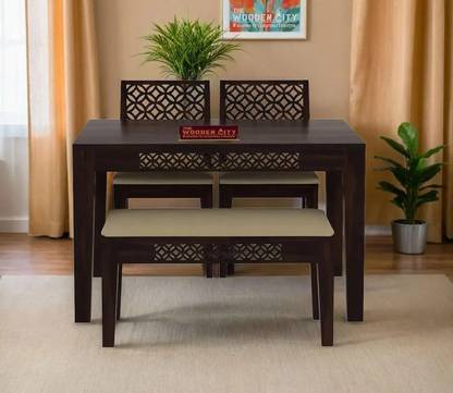 THE WOODEN CITY Rosewood (Sheesham) Dining Room Set with Bench Solid Wood 4 Seater Dining Set  (Finish Color -Walnut, DIY(Do-It-Yourself))