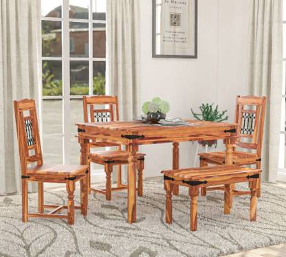 LOONART Solid Sheesham Wood Four Seater Dining Set With Chairs & Bench For Dining Room | Solid Wood 4 Seater Dining Set