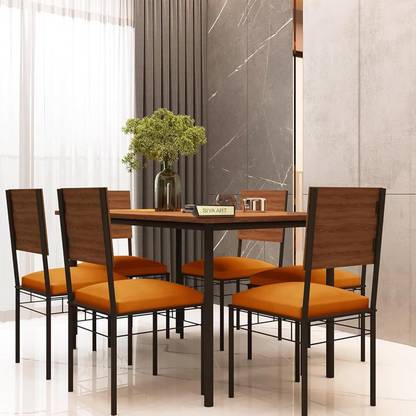 SIYA ART SIYA ART Wooden Top Iron Frame 6 Seater Dining Table with Cushioned Chair Metal 6 Seater Dining Set