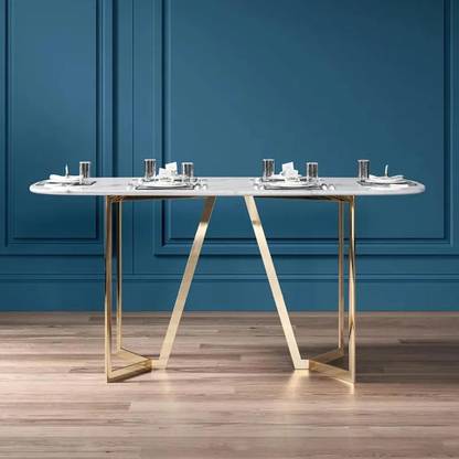 NG Decor Rectangle Modern White Faux Marble Dining Table with Double Pedestal in Gold Stone 6 Seater Dining Table