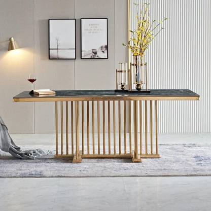 NG Decor Modern Rectangular Glossy Sintered Stone Dining Table Gold Pedestal Base Stone 6 Seater Dining Table