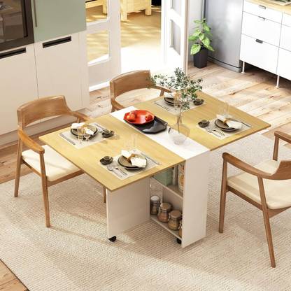 FORKTAIL Space saving folding dining table with 2 tier Storage ( Without chairs) Engineered Wood 6 Seater Dining Table