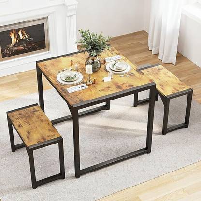 RAM'S CREATION WOOD Dining Table Set for 2, Kitchen Table Set for 2 with Steel Frame Solid Wood 2 Seater Dining Table
