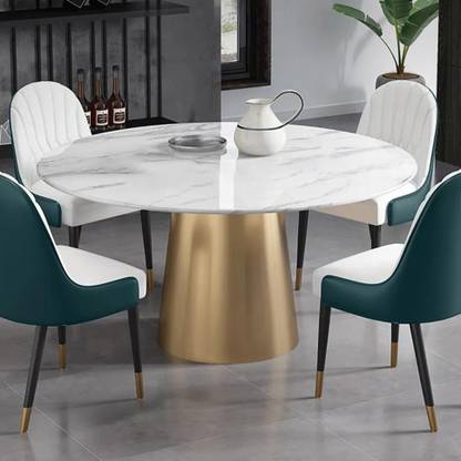 NG Decor Modern Round Pedestal Marble Dining Table Golden Stainless Steel Base Stone 6 Seater Dining Table