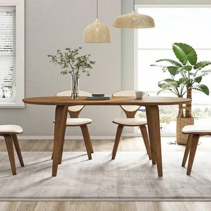 NG Decor Mid-Century Oval Dining Table Walnut Wooden Tabletop for 6 Person 4 Legs Engineered Wood 6 Seater Dining Table