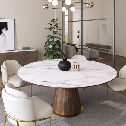 NG Decor Modern Round Dining Table White Faux Marble Tabletop for 6 Wooden Base Stone 6 Seater Dining Table