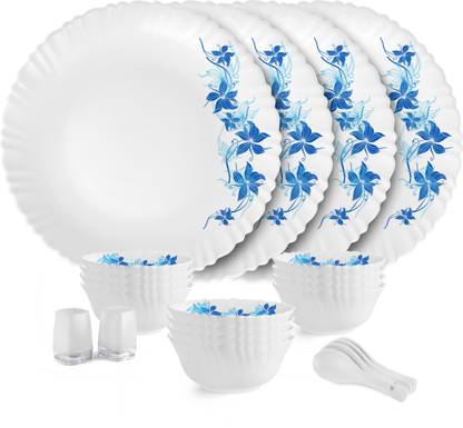 cello Pack of 22 Opalware Dazzle Series Blue Swirl Crockery Set | Dishwasher Safe | Light-Weight Dinner Set