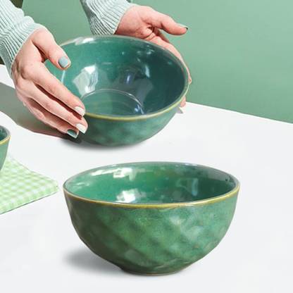Affankhan Pack of 2 Porcelain Green Ceramic Snack Bowls Set of 2 for Serving Pasta, Noodle, Maggi Dinner Set