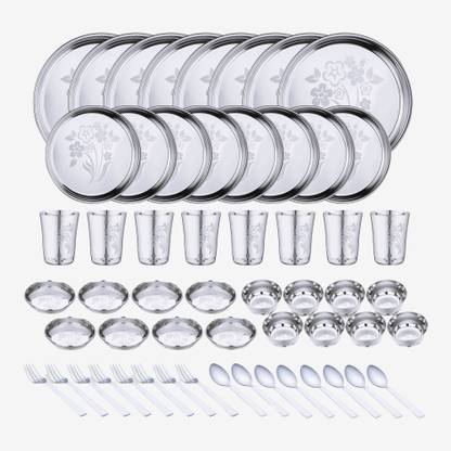 LIMETRO STEEL Pack of 56 Stainless Steel Laser Printed (Serves 8) Dinner Set