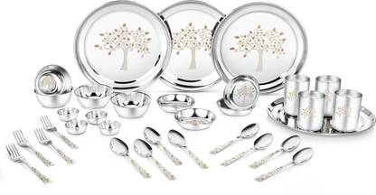 Classic Essentials Pack of 32 Stainless Steel Dinner Set|Serves 4 People|Heavy Gauge|Kitchen Set|Permanent Laser-Vriksha Dinner Set