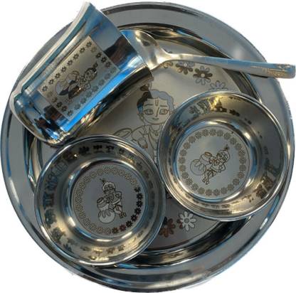 Little Me Pack of 5 Stainless Steel Krishna Printed Stainles Steel Dinner/Bhog Set Dinner Set
