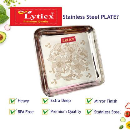 Lyticx Pack of 6 Stainless Steel Square Shape Dinner / Lunch / Breakfast / Snacks Plate, 20 CM Dinner Set