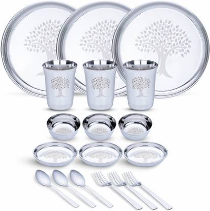LIMETRO STEEL Pack of 18 Stainless Steel Laser Printed High Grade Dinner Set