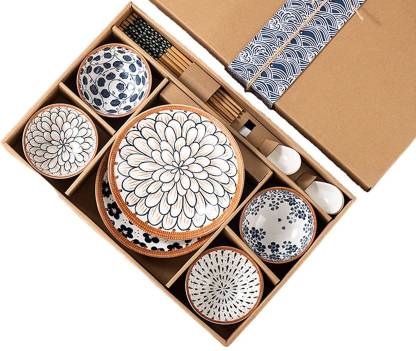 HENIJ Pack of 14 Ceramic Japanese Style Ceramic Rice Bowl with Gift Box, Blue and White Pattern Bowls Set Dinner Set