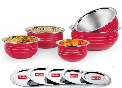 Nirvika Pack of 5 Stainless Steel handi set with lid powder Coating red piece of 5 Cookware Dinner Set
