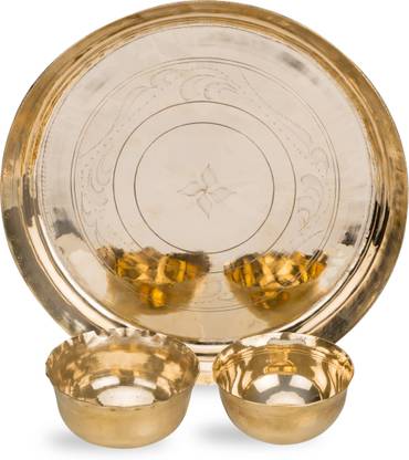 K P Pack of 3 Bronze Pure Kansa |Bronze Dinner Thali Set of 3| 1 Plate, 2 Bowls Lab verified utensils Dinner Set