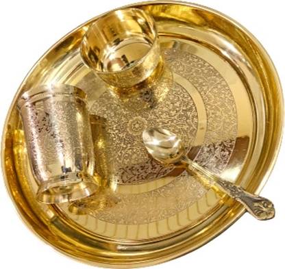 M&V CRAFT PURE Pack of 4 Brass Embossed Design THALI Set Pack of- 04 Pieces Dinner Set