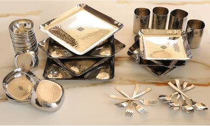 IndianArtVilla Pack of 36 Steel Hammerd 36 Pcs Rectangular shape Dinner Set