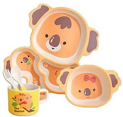 Dherik Tradworld Pack of 5 Microfiber 5 Bamboo Koala Bear Dinner Set Plate Cup Fork Spoon Bowl Dinner Set