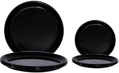 Kanha Pack of 6 Plastic Round Plate Microwave Safe, 3Pcs Full Plate & 3 Pcs Half Plate Black Color Dinner Set