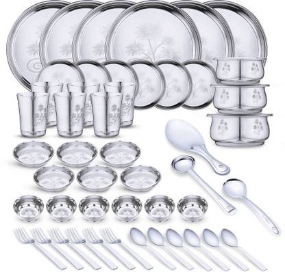 LIMETRO STEEL Pack of 51 Stainless Steel Laser Printed (Flawer-1) Dinner Set