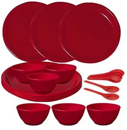 Harn Pack of 18 Plastic Pack of 18 Plastic Dinner Set (Red, Microwave Safe) Dinner Set