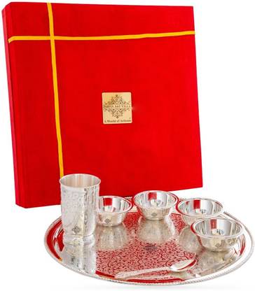 IndianArtVilla Pack of 7 Silver Plated Silver Plated Embossed Design Dinner Thali Set, Dinnerware, 7 Pieces Dinner Set