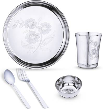 LIMETRO STEEL Pack of 5 Stainless Steel Laser Printed Flower (Serves 1) Dinner Set