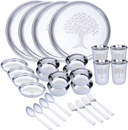 LIMETRO STEEL Pack of 28 Stainless Steel Laser Printed (Serves 4) Dinner Set