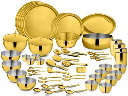 Shri & Sam Pack of 60 Stainless Steel Majestic Dinner Set PVD Gold Dinner Set