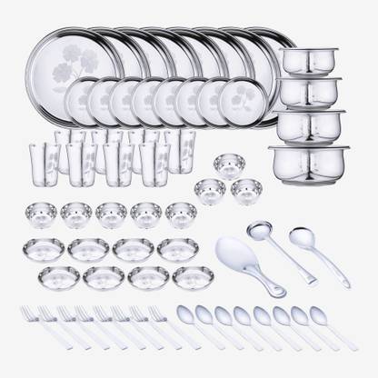 LIMETRO STEEL Pack of 67 Stainless Steel Laser Printed Flawer Design (Serves 8) Dinner Set