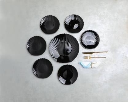 Sanjeev Kapoor Pack of 7 Opalware Black Snack Set - With Gold Rim Dinner Set