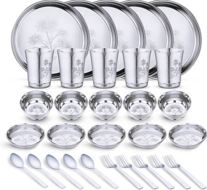LIMETRO STEEL Pack of 30 Stainless Steel Laser Printed Flawer Design (Serves 5) Dinner Set