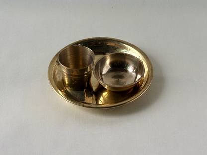 HMS Brass Brass Mini Plate Katori Glass for Bal Gopal Prasad Dinner Set