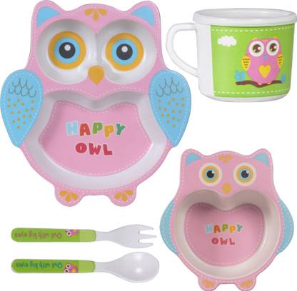 POLKA TOTS Pack of 5 Bamboo Eco-Friendly Fiber Dinnerware Self Feeding for Baby , Kids Happy Owl Utensil Dinner Set