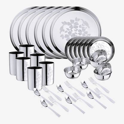 LIMETRO STEEL Pack of 36 Stainless Steel Stainless Steel Dinner Set (Laser Print) Dinner Set