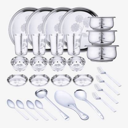 LIMETRO STEEL Pack of 33 Stainless Steel Laser Printed (Flawer-2) Dinner Set