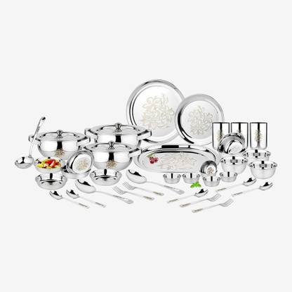 Classic Essentials Pack of 64 Stainless Steel Floral Dinner Set, Heavy Gauge with Permanent Laser Design Dinner Set