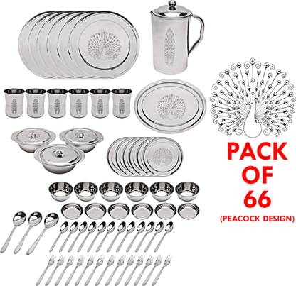 Sigri-wala Pack of 66 Stainless Steel Long Life Durable Virgin Stainless Steel Peacock Dinner Set