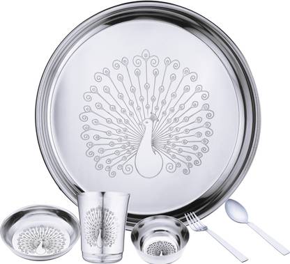 LIMETRO STEEL Pack of 6 Stainless Steel Laser Printed Peacock Design (Serves 1) Dinner Set