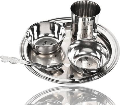 Artha Pack of 5 Stainless Steel S.S. Laser Cartoon Printed Baby Dinner Set Pack Of 5 Medium Size For Kids Dinner Set