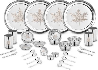 Classic Essentials Pack of 32 Stainless Steel Maple Dinner Set, Heavy Gauge with Permanent Laser Design Dinner Set  (Silver) at Rs. 1199
